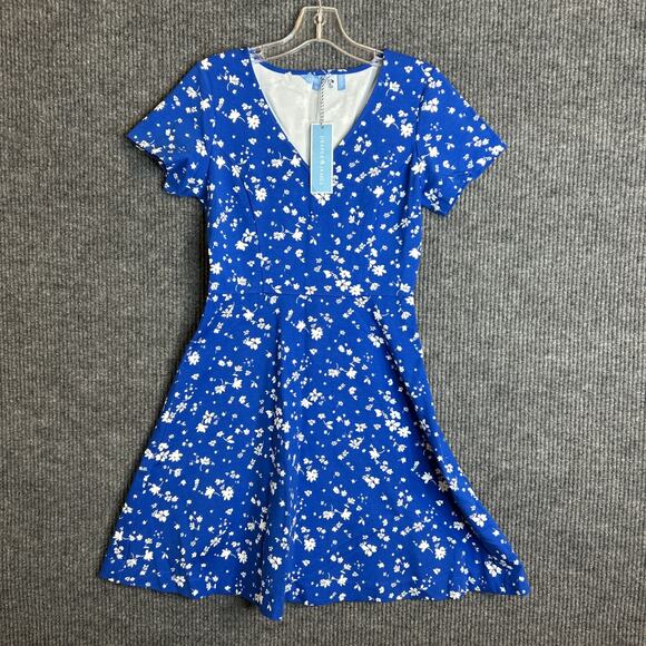 Draper James Womens Ponte Knit Dress Size Small Blue Floral V Neck Short Sleeve - Picture 1 of 8